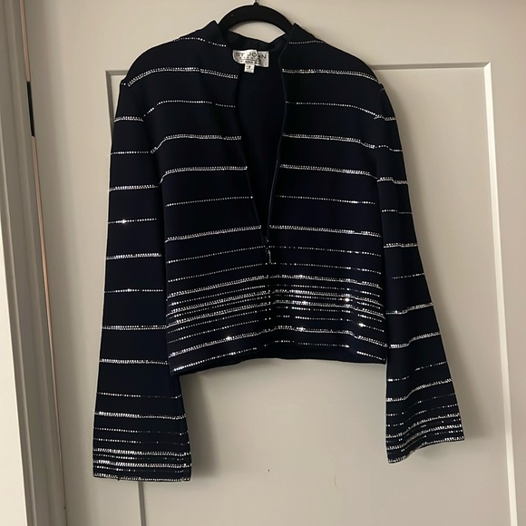 ST JOHN EVENING NAVY/ Horizontal line of glittering Rhinestone suit jacket - Picture 2 of 5